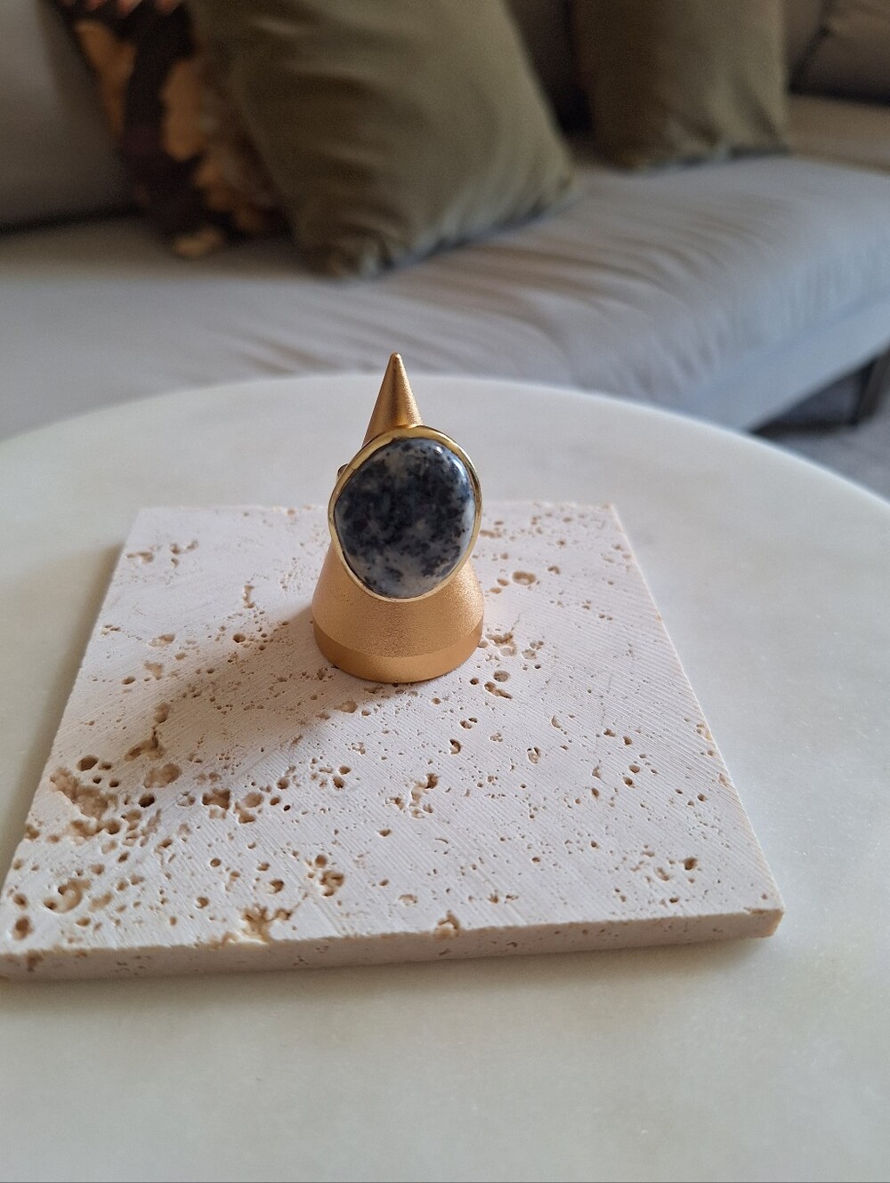 Gold Tone Ring with Speckled Blue-Gray Stone Cole Haan Made In India